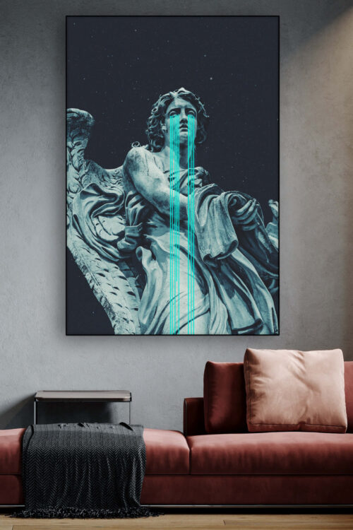 Large hipstoric wall decor in black, white and teal, hangs above red couch in contemporary living room.