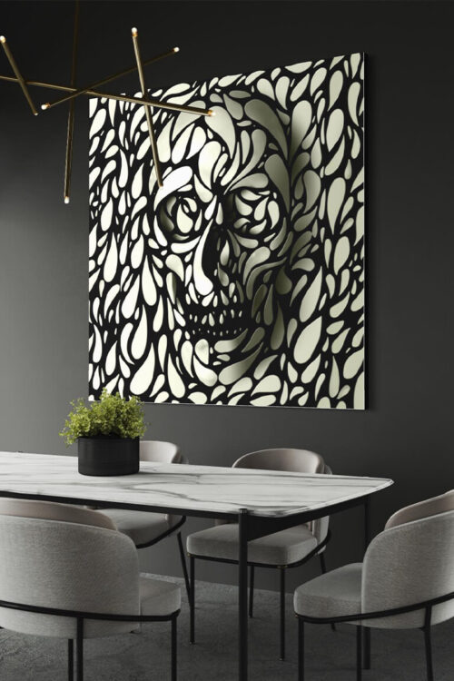 Huge black and white skull wall art made of geometric shapes looks 3D as it hangs on black wall in modern dinning room.