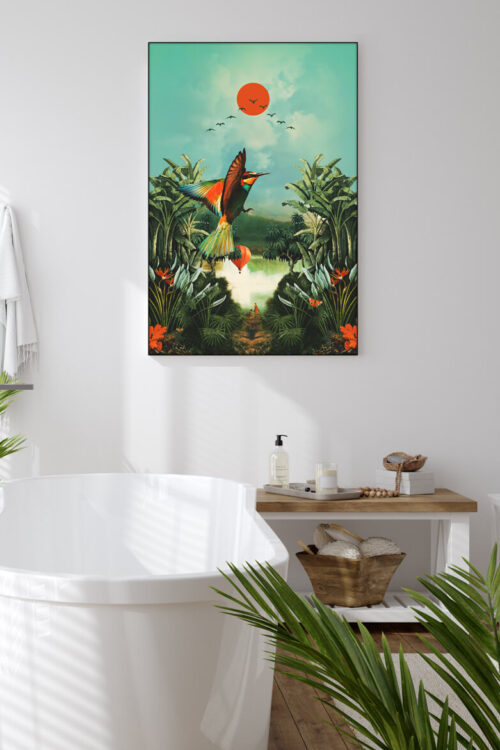 Bathroom wall art with a tropical bird flying hanging above white soaking tub.