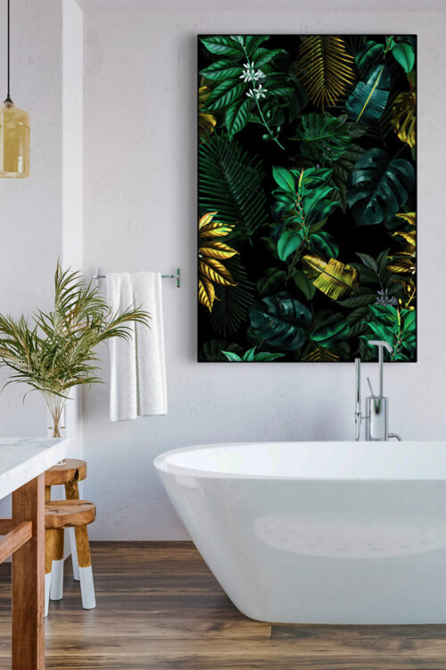 Huge green bathroom wall art featuring tropical plant leaves hangs above white soaking tub.