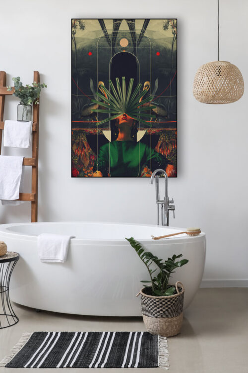 Large surreal bathroom wall art featuring a girl in green with palm fronds for a face hangs in modern white bathroom