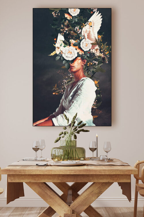Massive surreal flower head wall art hangs in kitchen above dinning room table.