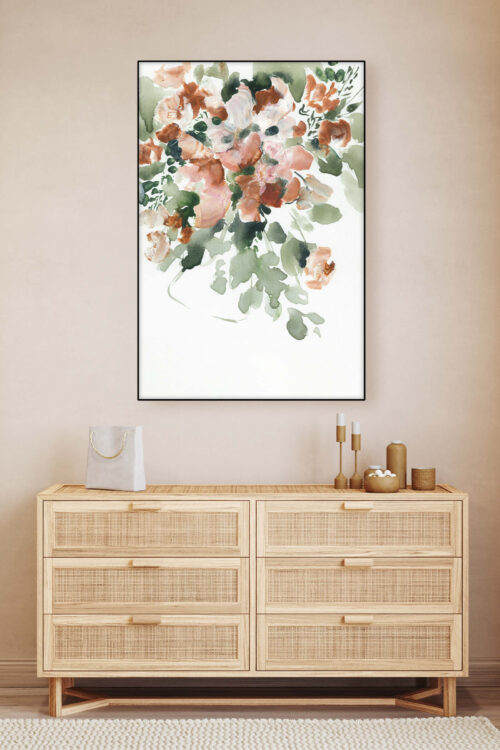 Large abstract flower painting in burnt orange and sage green hangs in neutral boho girls bedroom.