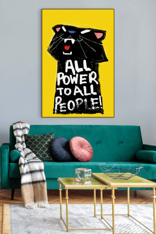 Drawing of a black panther on yellow background with written text All Power to All People hangs on living room wall above teal velvet couch.