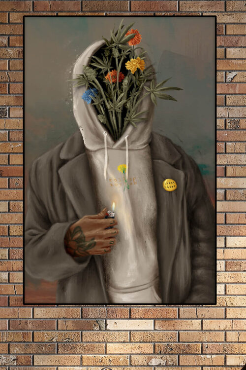 Oversized painting of Black man in gray hoodie and green blazer with wildflowers instead of a face hangs on brick wall in modern apartment living room
