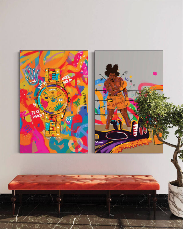 Two colorful pop art graffiti style drawings hang side by side above red bench in man's apartment.