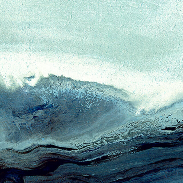 Nature inspired blue abstract artwork represents a wave and shifts from light blue to darker blue top to bottom on the piece.