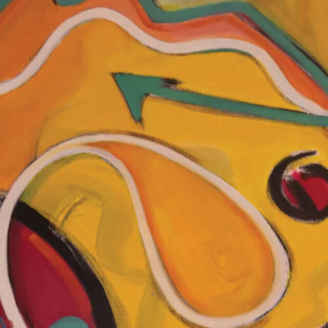 Colorful abstract art in warm colors, mainly orange and yellow features large, looping line drawings.