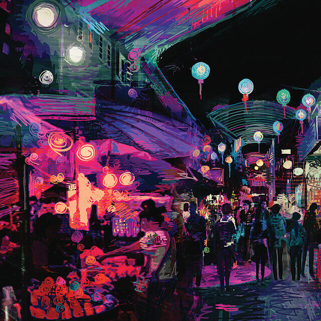 Black, purple, and red abstract wall art painting show crowded city marketplace at night.