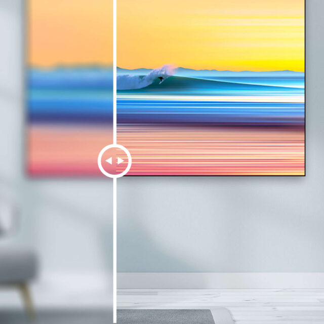 Large contemporary surf art Late Rock by Thomas Fotomas hangs in a modern pale blue sitting area