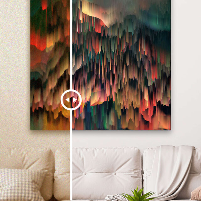 Large Abstract wall art in greens, red, and orange hangs in beige room accented by house plants and and ivory couch