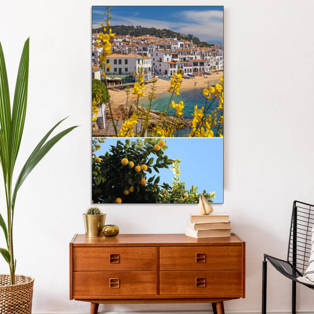 Photo collage featuring two nature photos hangs above wooden entryway table
