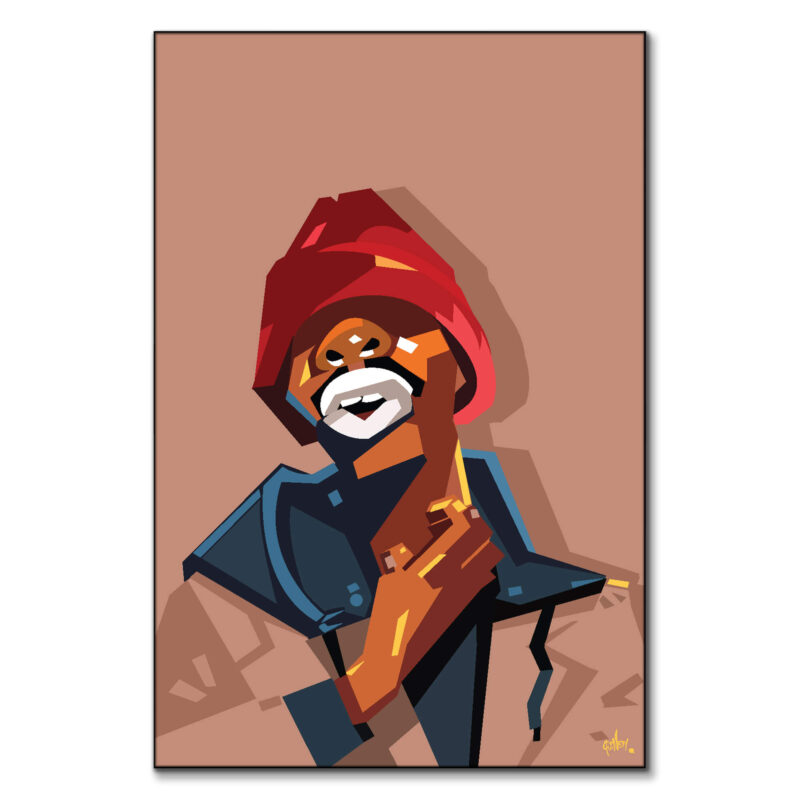 Stylized, abstract illustration of Tyrone Biggums, a character portrayed by Dave Chappelle, wearing a red beanie and a dark jacket.