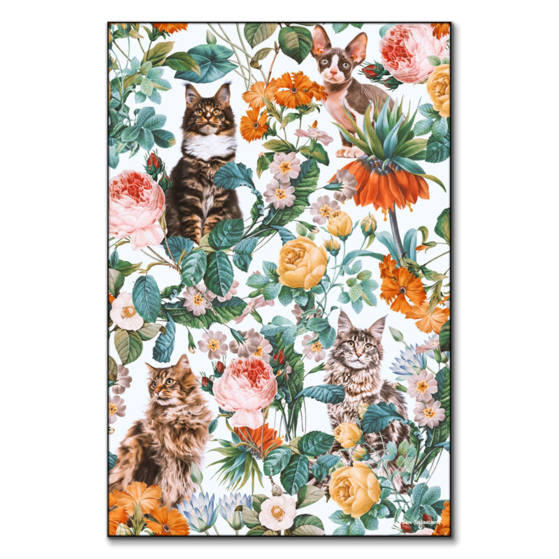 Cat and Floral Pattern III Colorful Wall Art by Burcu Korkmazyurek