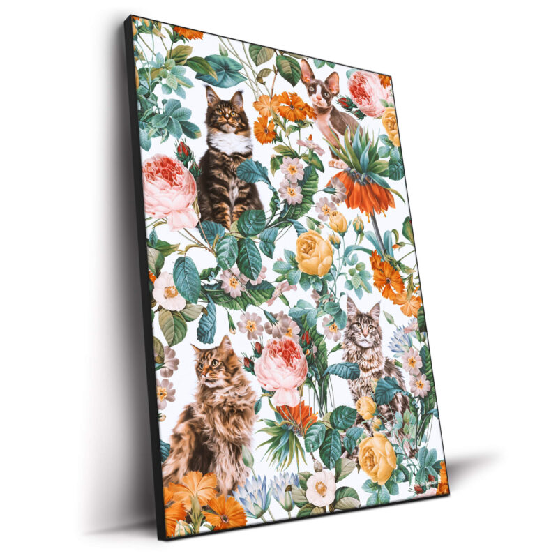 Cat and Floral Pattern III Colorful Wall Decor by Burcu Korkmazyurek