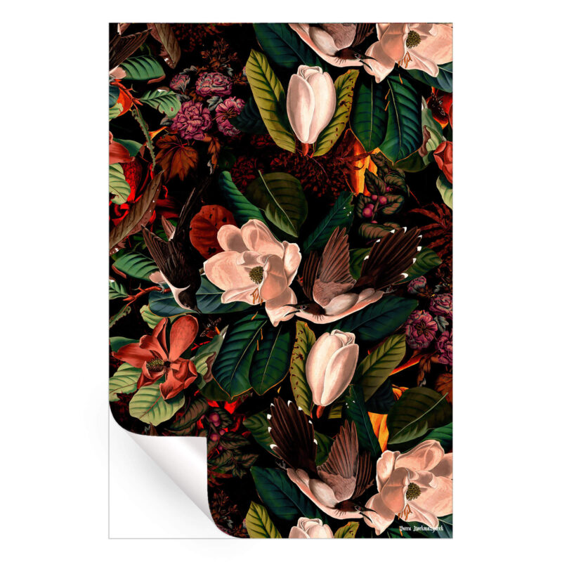 Floral And Birds XXI Dark Wall Art by Burcu Korkmazyurek