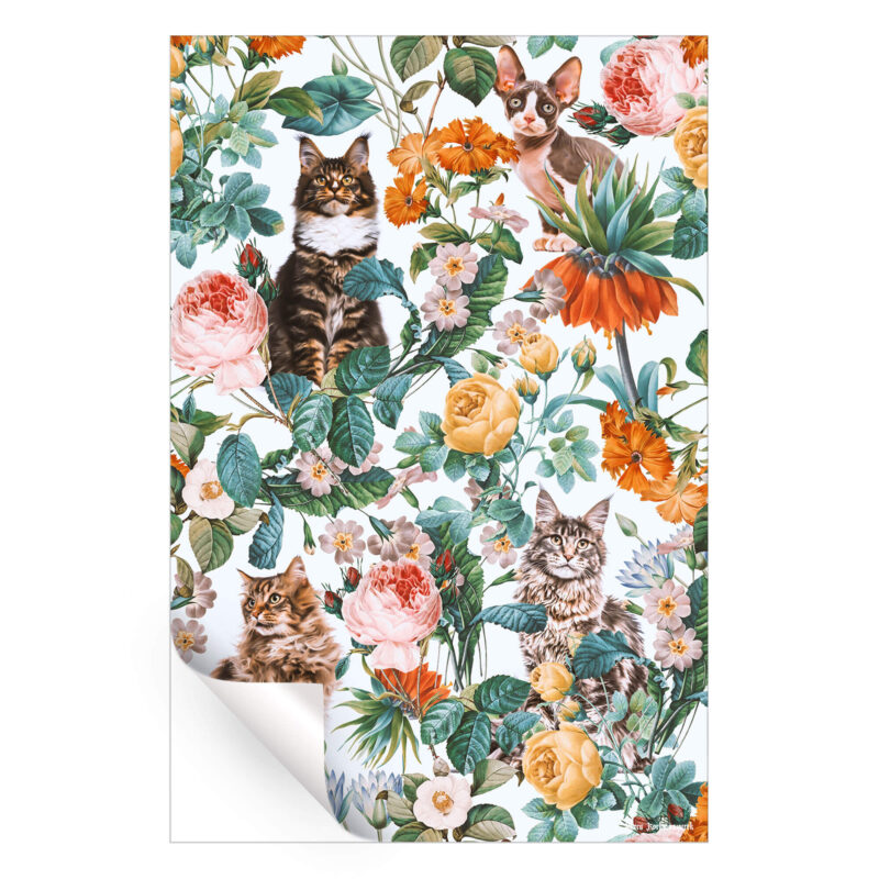 Cat and Floral Pattern III Colorful Wall Art by Burcu Korkmazyurek