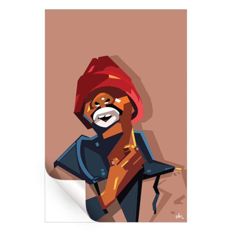 Stylized, abstract illustration of Tyrone Biggums, a character portrayed by Dave Chappelle, wearing a red beanie and a dark jacket.