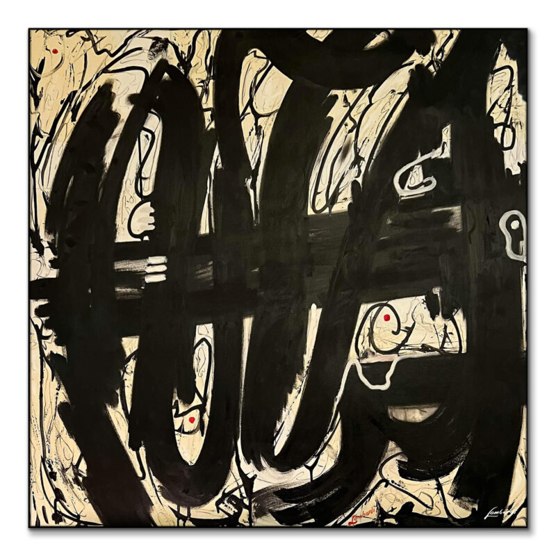 Abstract artwork with bold black brushstrokes, off-white backdrop, fine swirling lines, and sporadic red dots.