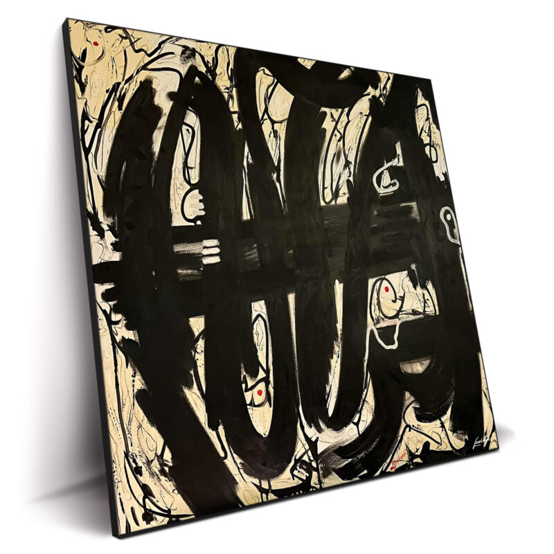 Abstract art featuring black brushstrokes, off-white background, fine lines, and subtle red dots.