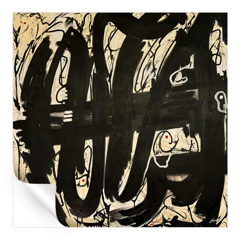 Abstract artwork with black strokes, off-white background, fine swirling lines, and sporadic red dots.