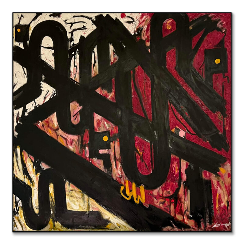 Abstract artwork with bold black brushstrokes over a textured red and neutral background with small yellow dots.