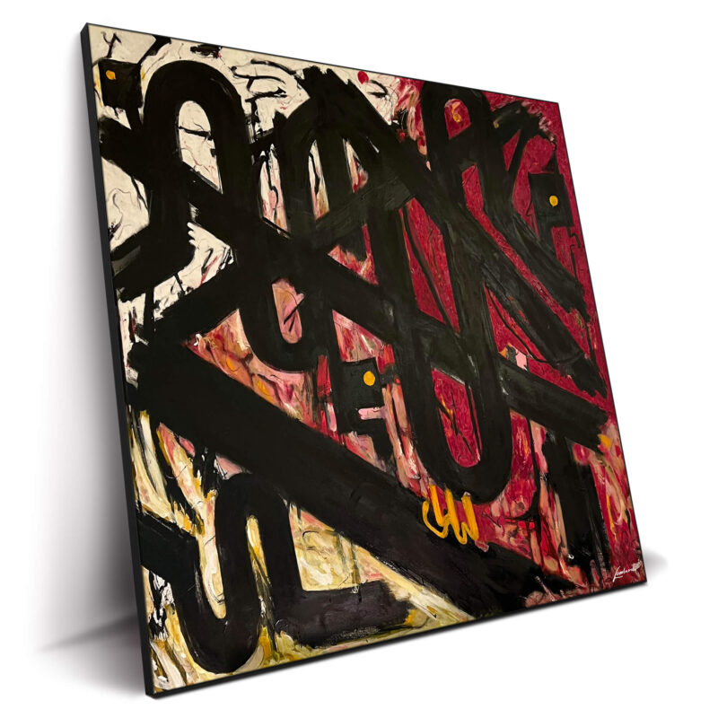 Abstract artwork with black brushstrokes over a red background with off-white accents, featuring small yellow dots.