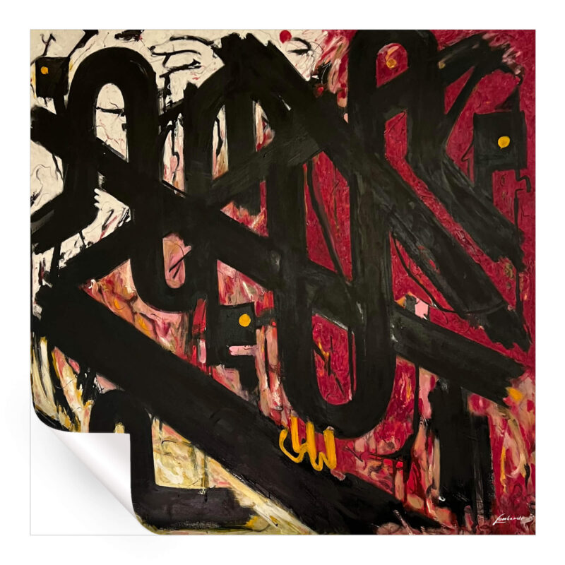 Abstract artwork with black brushstrokes over a textured red background with off-white and yellow accents, featuring small yellow dots.