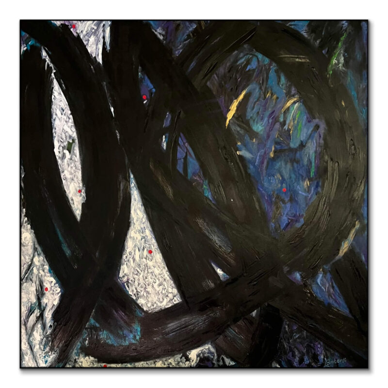 Abstract painting with black brushstrokes, underlaid with blue and white backgrounds, accented by red dots.