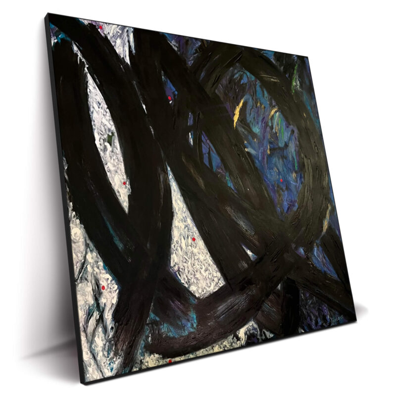 Abstract painting with black brushstrokes with white and blue background, accented by small red dots.