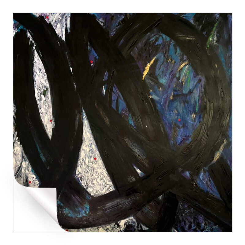 Abstract painting with dynamic black brushstrokes, underlaid with white and blue tones and accented by small red dots.