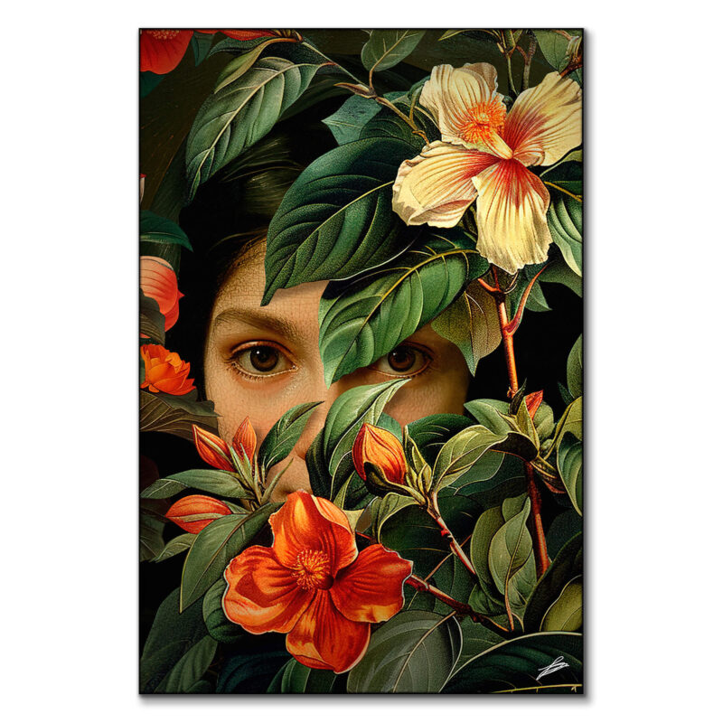 Woman's eyes peeking through green leaves and vibrant flowers.