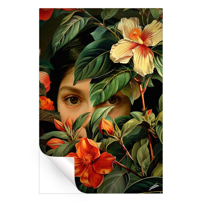 A woman's gaze peeking through lush green leaves and orange and cream flowers.