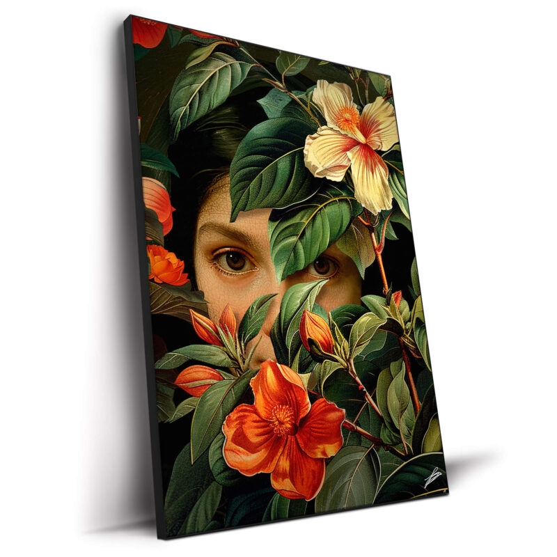 Woman's eyes peeking through lush green leaves and vibrant flowers.