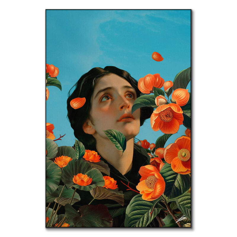Young woman gazing upward surrounded by orange flowers and green leaves against a blue sky.