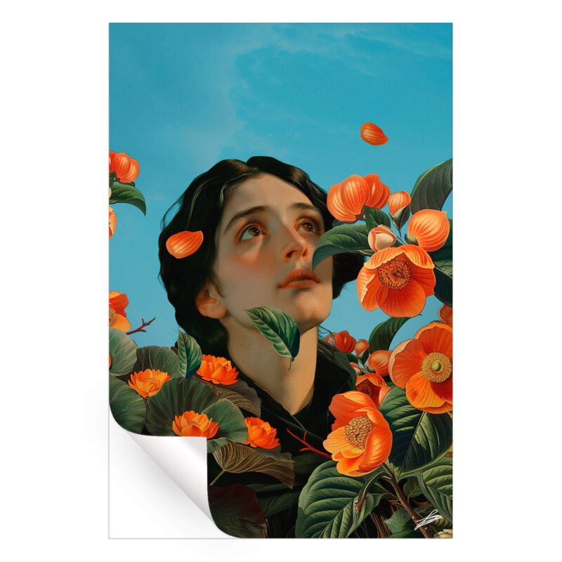 Woman gazing upward surrounded by vibrant orange flowers and lush green leaves against a blue sky.
