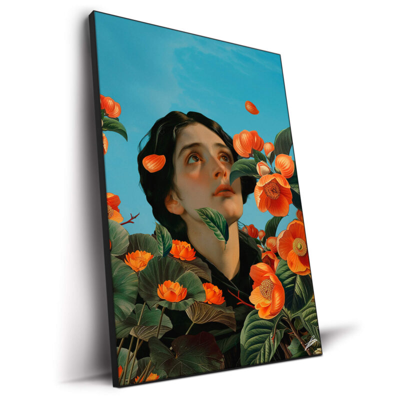 Young woman gazing upward surrounded by vibrant orange flowers and lush green leaves against a bright blue sky.