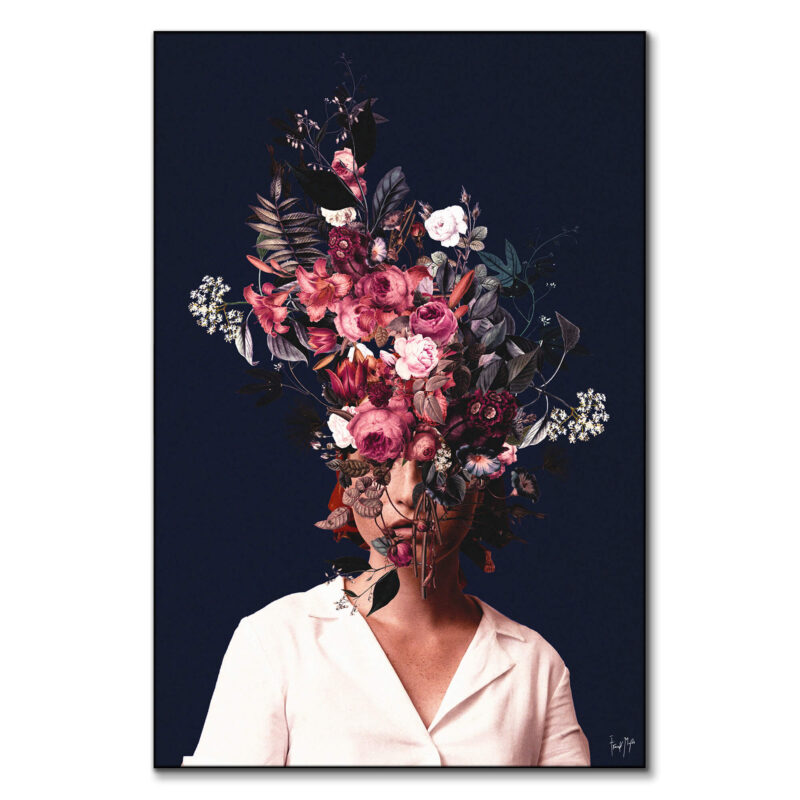 Portrait of a woman with her face obscured by a vibrant bouquet of flowers and foliage, dressed in a white blouse against a dark background.