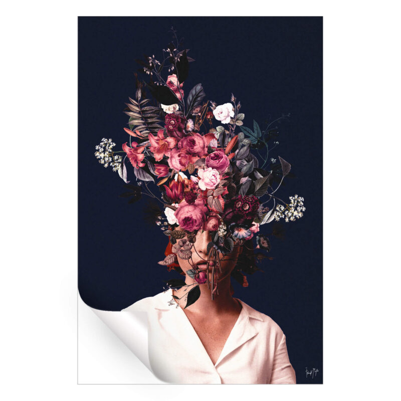 Surreal portrait of a woman with her face partially obscured by a vibrant bouquet of flowers and foliage.