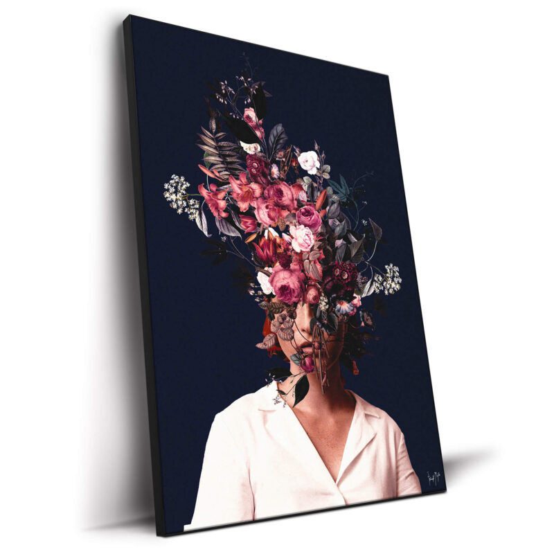 Navy floral portrait of a woman obscured by a bouquet of flowers and foliage, dressed in a white blouse.