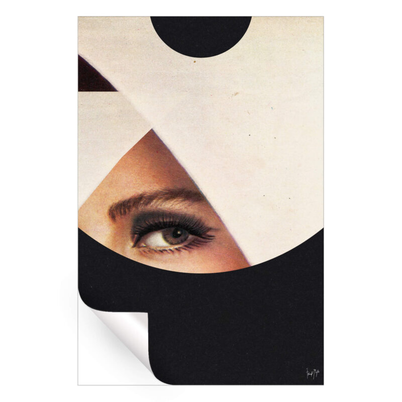 Close-up of a woman's eye framed by geometric black and white shapes.