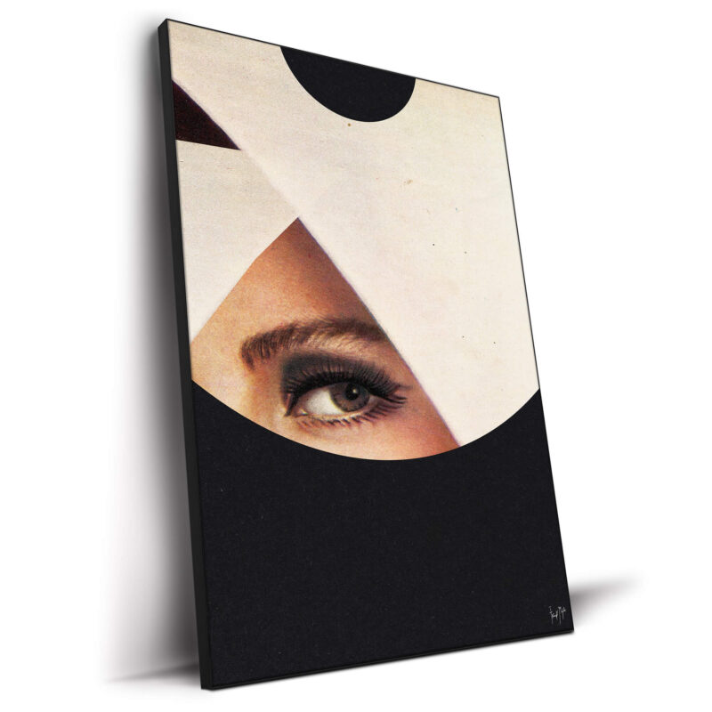 Close-up of a woman's eye framed by abstract black and white shapes, blending detailed realism with bold, minimalist design.