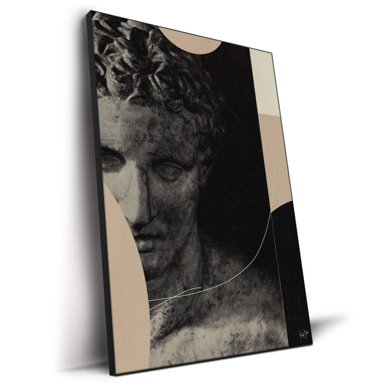 Classical marble statue face with beige and black geometric shapes and delicate lines.