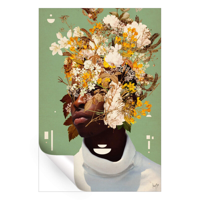 A man with his face obscured with white and yellow flowers against a green background with geometric shapes.