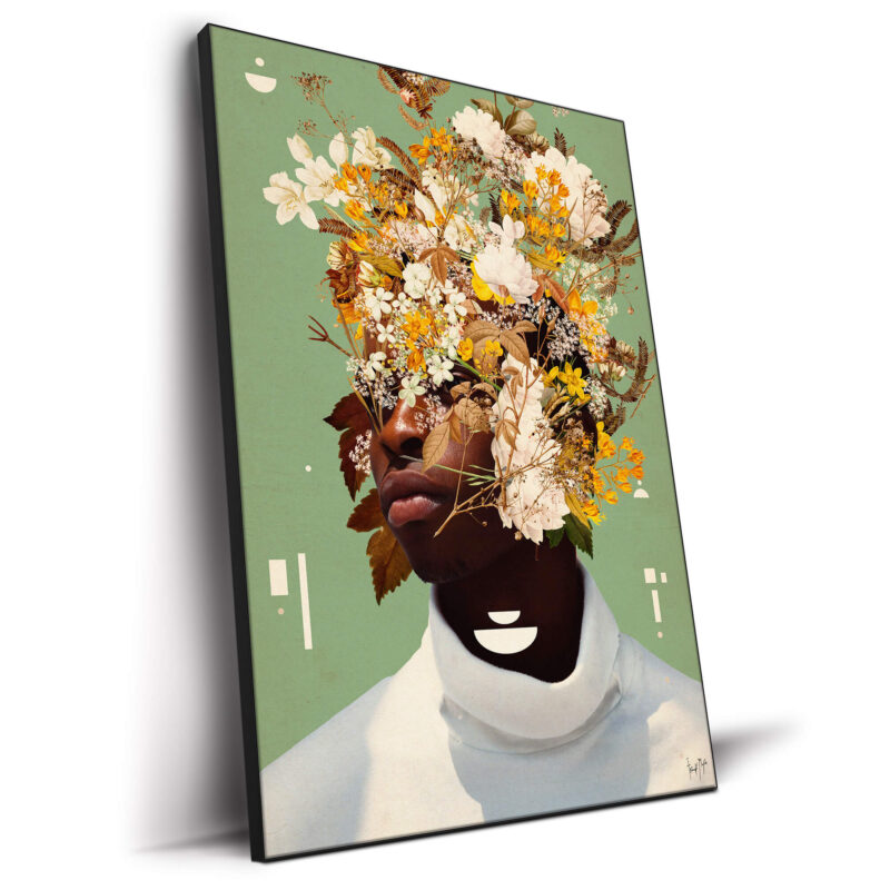 Portrait of a man with his face intertwined with yellow and white flowers against a green background, wearing a white high-neck turtleneck with geometric shapes.