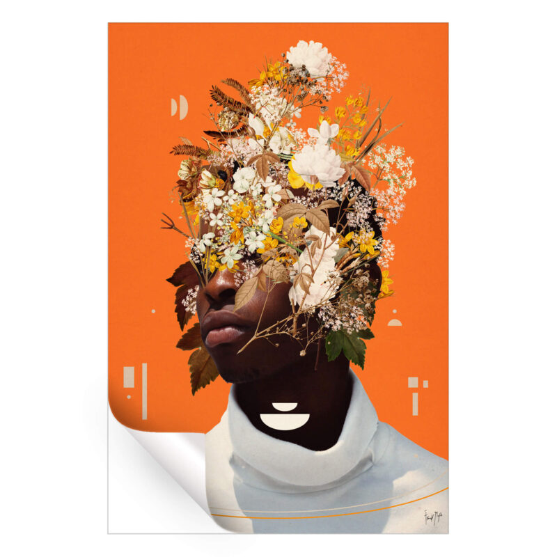 Warm portrait of a man with his face obscured by flowers against an orange background with geometric shapes.