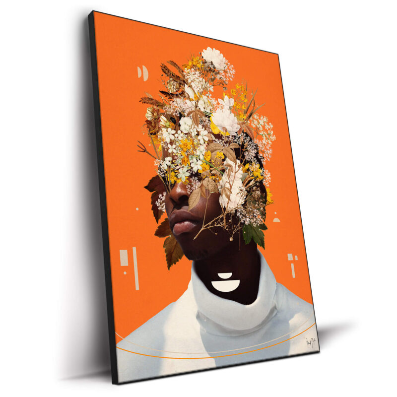 Portrait of a man with his face intertwined with white and yellow flowers against an orange background, wearing a white turtleneck with geometric shapes.