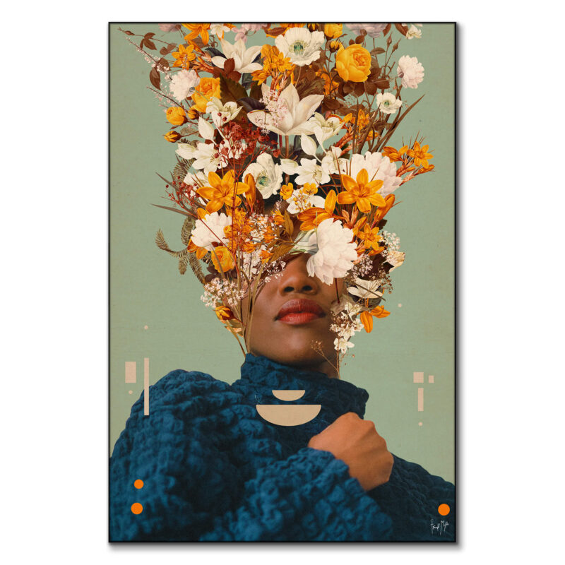 Portrait of a woman with her face intertwined with yellow and white flowers against a green background, wearing a blue textured sweater with geometric shapes.