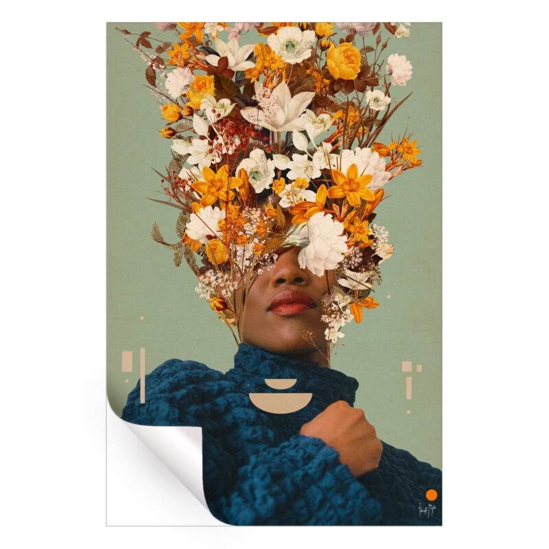 Portrait of a woman with her face intertwined with white, yellow flowers against a sage background, featuring geometric shapes.