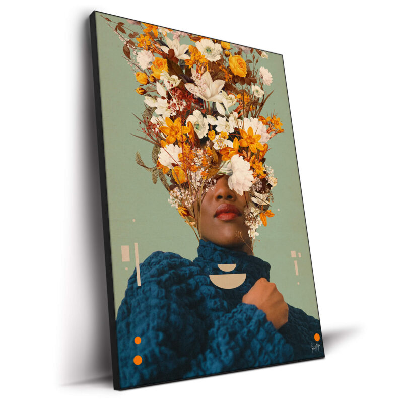 Portrait of a woman with her face intertwined with white, yellow flowers against a green background, wearing a blue textured garment with geometric shapes.